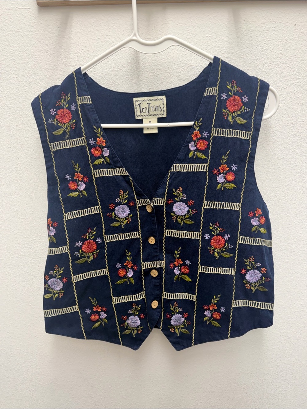Vintage TanTrums Navy-blue button front cottagecore patchwork Floral Vest size M